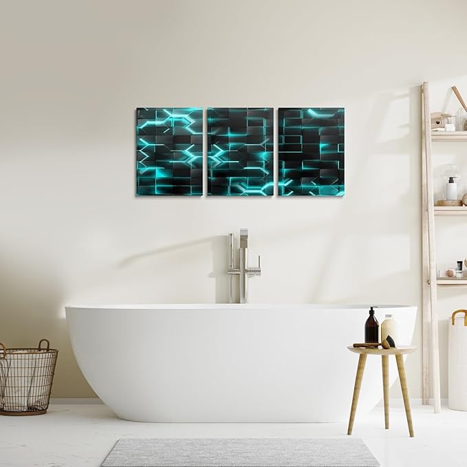 Feelyou TealBlue and Black Picture Wall Decor 12"x16" 3 Piece Honeycomb Canvas Wall Art Decor Hexagon Theme Office Decorations Artwork Posters Geometrical Beehive Painting
