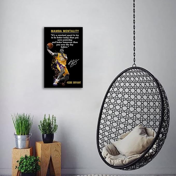 Kobe Bryant Poster Canvas Wall Art • Mamba Mentality Quote Canvas Wall Art • Basketball Player Sports Home Decor • Motivational Artwork For Home,Office,Gym Wall Decor Framed Ready to Hang