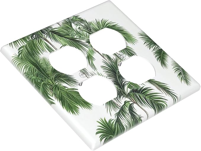 Outlet Covers Palm Trees Tropical Green Plant Palm Leaf 2 Gang Double Duplex Decorative Light Switch Covers Electrical Wallplates Socket Faceplate For Bed Room Bathroom Decor