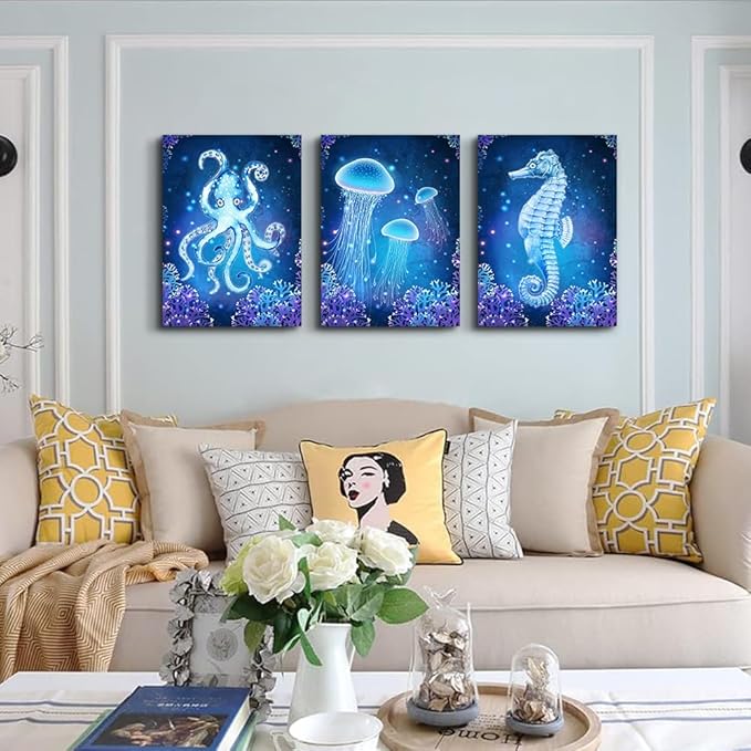 DZRWUBHS Wall Art For Living Room Bedroom Large Wall Decor Blue Ocean Life Theme Art Prints Wall Artworks Sea Animal Sea Horse Octopus Jellyfish Pictures Bathroom Modern Home Decor Painting Posters