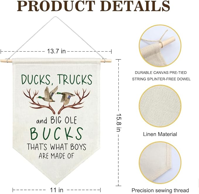 AGMDESIGN Ducks Trucks Big Ole Bucks That's What Little Boys Are Made Of Canvas Hanging Pennant Flag Banner, Deer Neutral Room Decor, Boys Hunting Gifts, Home School Classroom Kids Room Nursery Decor