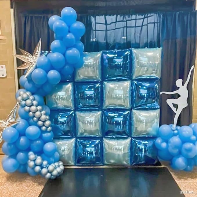 36pcs Blue and Silver Square Foil Balloons Wall Backdrop with 121pcs Balloon Garland Arch Kit, Double Sided Balloons for Birthday Bridal Shower Anniversary New Year Graduation Party Decorations
