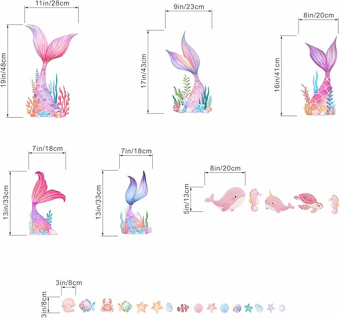 Mermaid Tail Wall Stickers for Girls: Peel and Stick Under The Sea Wall Decals for Girl Room Baby Bedroom Nursery - Ages 1-12 Years Vinyl Decor