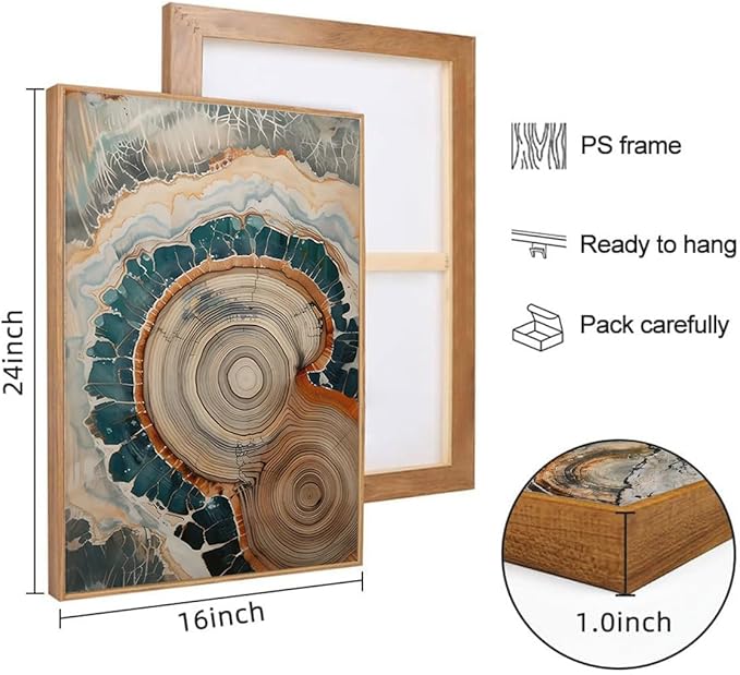 IBHJSART Framed Tree Ring Canvas Wall Art Vintage Colorful Wood Stump Painting Prints Modern Minimalist Pictures Neutral Nature Rustic Farmhouse Decor Living Room Bedroom Bathroom Office