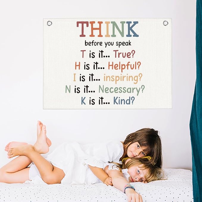 Think Before You Speak Sign, Growth Mindset Mental Wall Hanging Banner Flag Decor for Classroom Counseling Nursery Playroom