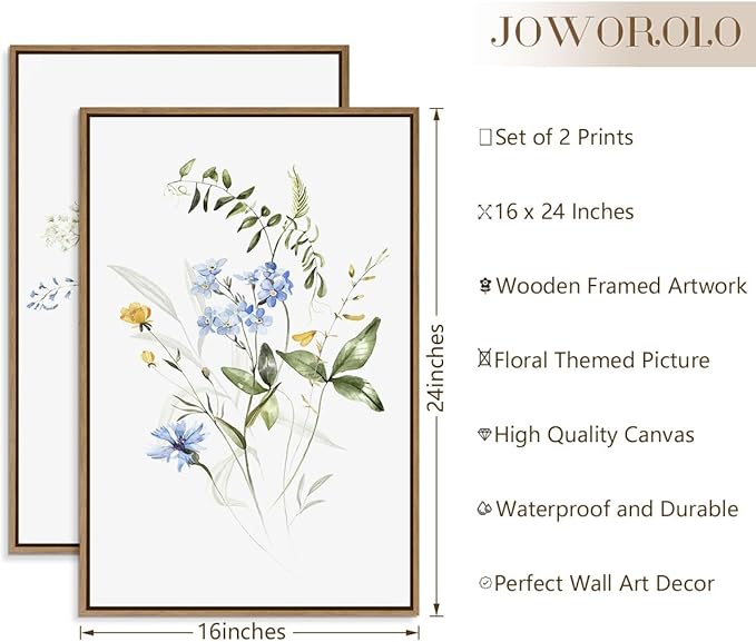 Watercolor Floral Wall Art Blue Yellow Flower Canvas Art Pints Nature Botanical Plants Painting Minimalist Wall Decor Stretched and Framed for Bedroom Bathroom Home Office Decoration - 16"x24"x2Pcs