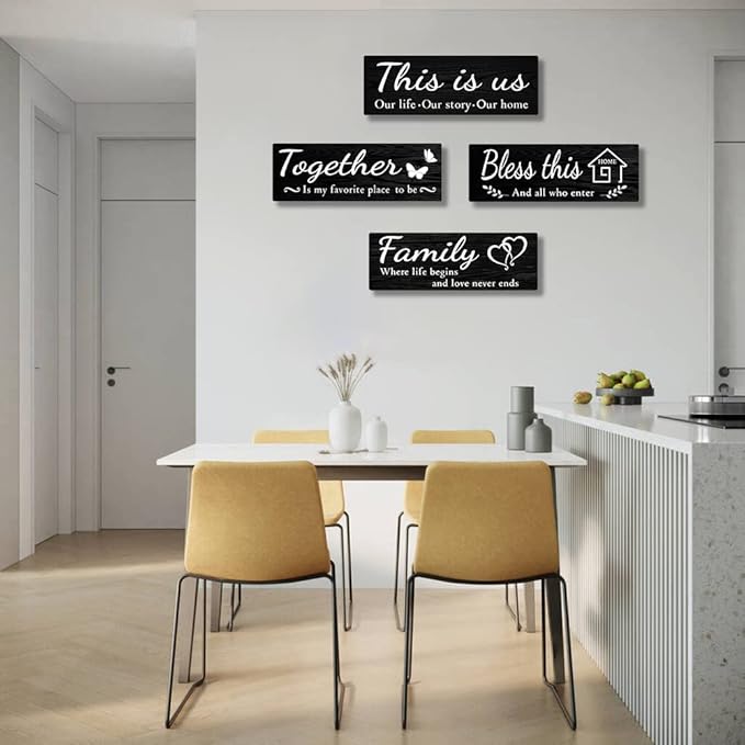 4 PCS Home Wall Decor Signs, Rustic Wooden Living Room Hanging Decorations with Quotes THIS IS US/TOGETHER/BLESS THIS/FAMILY, Housewarming Gifts for Wedding Kitchen