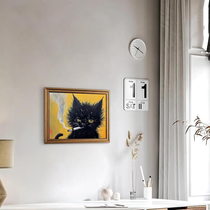 Aroutde Framed Funny Black Cat Wall Art, Cat Smoking a Cigarette Painting Vintage Gold Framed Wall Decor, Black Kitten Humor Animal Restroom Home Decoration (16L''x12W'')