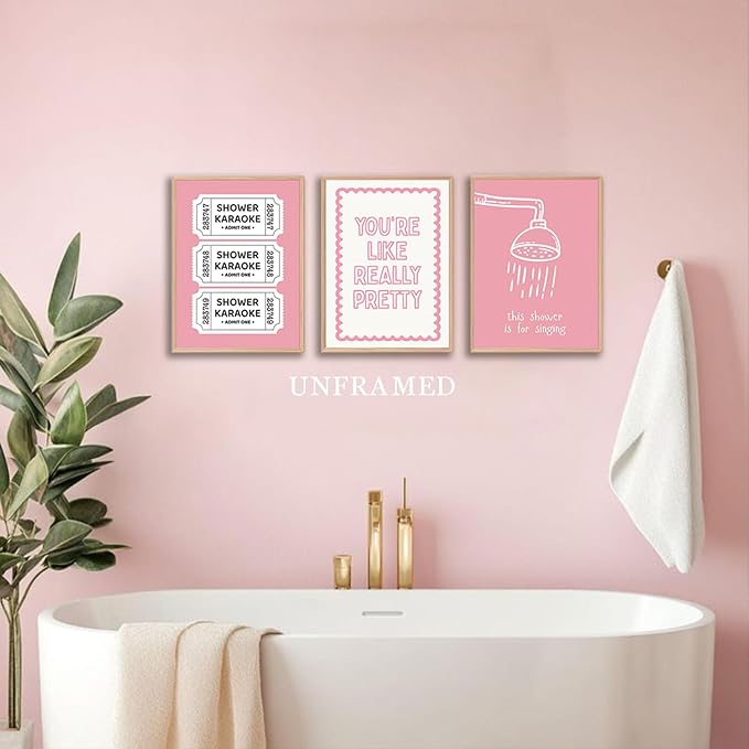 XBQZFLHT Coquette Pink Bathroom Wall Art Funny Shower Karaoke and Toilet Paper Bow Prints Wall Decor Cute Preppy Aesthetic Decor for Girls Washroom Dorm Restroom (8x10in Posters Unframed)