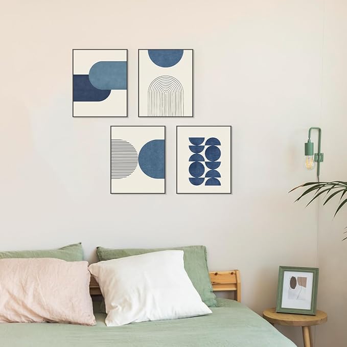 PLKMN Navy Blue Abstract Wall Art Decor Set of 4 - Bathroom Decor, Boho Minimalist Wall Art Prints for Bedroom Living Room 8x10 (Unframed)