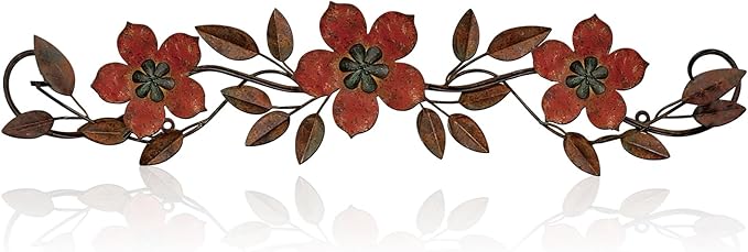 Wesiti Metal Flower Wall Decor Vintage Spring Metal Flower Wrought Iron Scroll Sculpture 15.7''x3.7'' Farmhouse Leaf Wall Decor with Nails for Spring Living Room Bedroom Indoor Outdoor(Red)