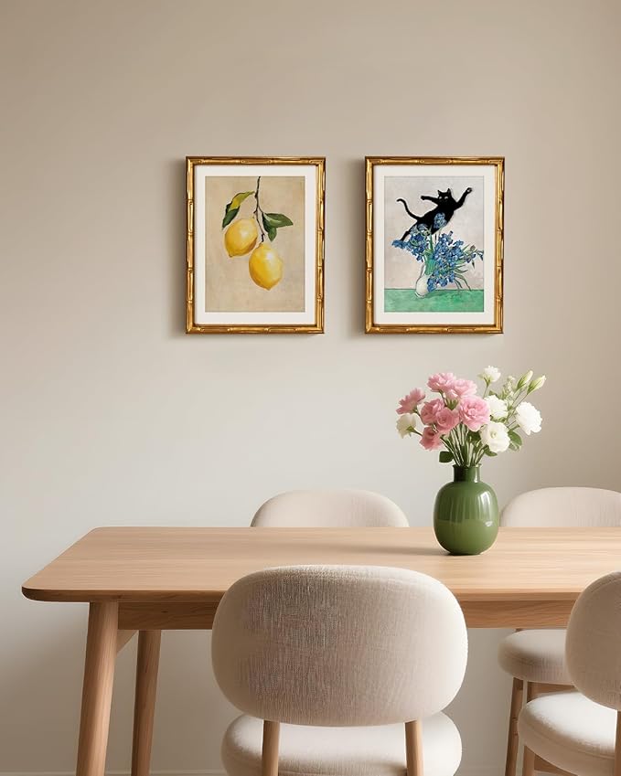 VIYYIEA Bamboo Detail Design Gold Framed Wall Art, Naughty Cat and Toppling Vase Art Work for Wall Decor, Gold Framed Wall Decor Canvas Print Painting, 11 x 14 Inch