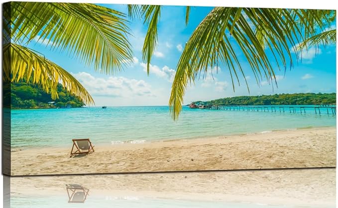 Beach Wall Art Decor Tropical Ocean Canvas Picture for Living Room Blue Seascape Painting for Bedroom Coastal Theme Landscape for Home Office Decorations Ready to Hang(20"*40")