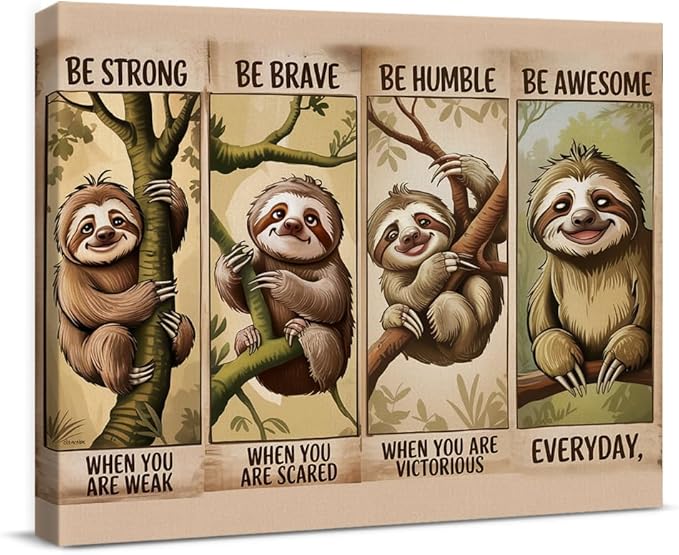 Inspirational Sloth Canvas Wall Art Cute Sloth Motivational Print Poster Animal Artwork Framed Painting for Home Living Room Bedroom Wall Decor 8x10 Inch