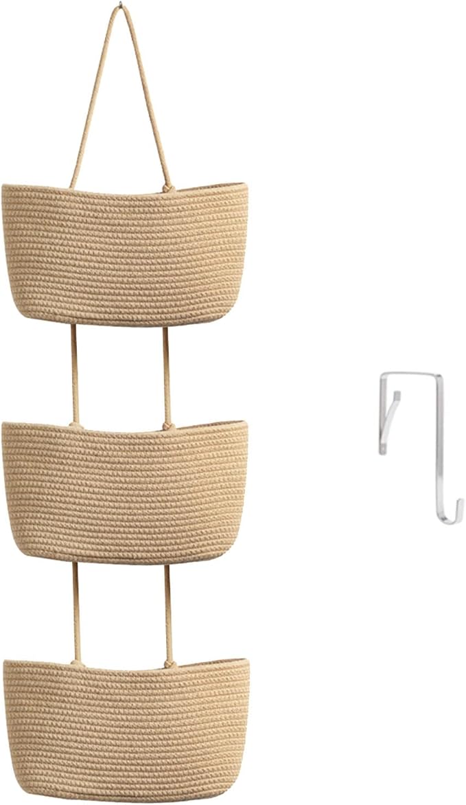 TeoKJ Over the Door Hanging Basket, 3-Tier Woven Cotton Wall-Mounted Storage Organizer Bag Decorative Hanging Nursery Baskets - Jute