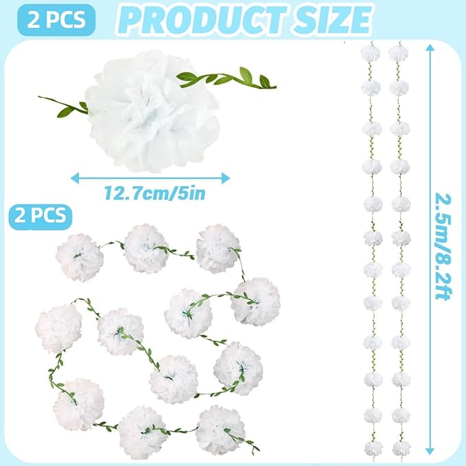 White Tissue Paper Pom Pom Garlands, Paper Flowers for Birthday Decorations, Baby Shower, Wedding Engagement, Bridal Shower, Spring Summer Party Decorations