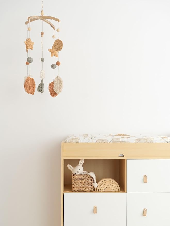 Crane Baby Willow Leaf Ceiling Hanging Decor - Handcrafted, Nursery Decoration, Whimsical Earthy Tones