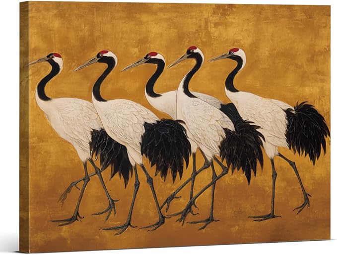 Vintage Crane Canvas Wall Art Print Japanese Cranes Picture Painting Artwork Aesthetic Wall Decor for Home Living Room Bedroom 8x10 Framed