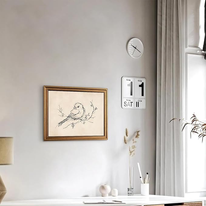 Aroutde Vintage Gold Framed Bird Printing Wall Art for Living Room, Minimalist Birds Sparrow on Branch Sketch Picture Wall Decor for Home Bedroom Apartment Decoration (16L''x12W'')