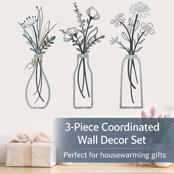 Nonforgetta Rustic Farmhouse Metal Flower Wall Art – Set of 3 Floral Decorations for Living Room, Bedroom, or Bathroom – Minimalist & Elegant Wall Décor Gift