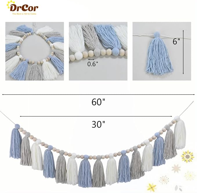 DrCor Blue and White Tassel Garland – Handmade Coastal Boho Wall Hanging for Nursery, Boys Room, Beach Theme Party, Baby Shower & Classroom Decoration