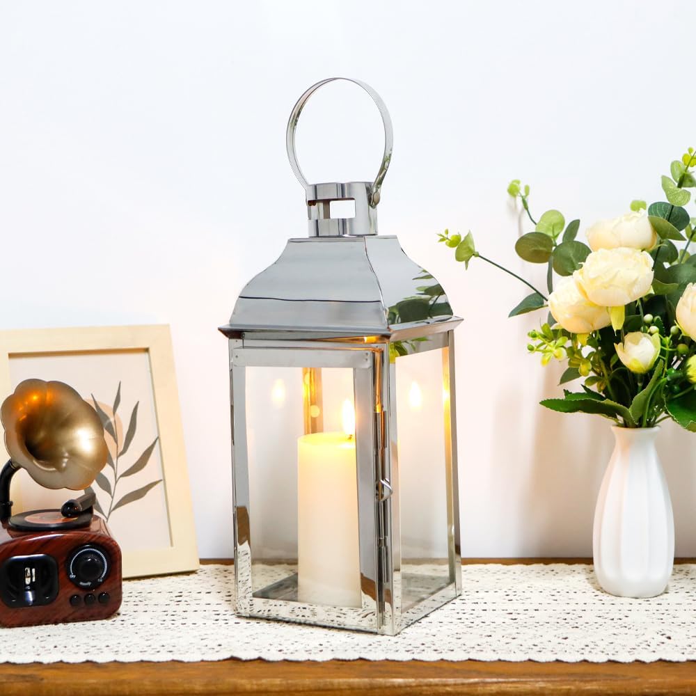 JHY DESIGN Silver Decorative Lanterns 12.5''High Stainless Steel Candle Lanterns with Tempered Glass for Indoor Outdoor Events Parities and Weddings Vintage Style Hanging Lamps