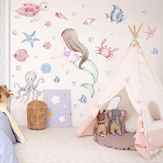 Mermaid Wall Decals，Under The Sea Animals Wall Stickers，Baby Girls Mermaid Wall Decals Stickers，Ocean Fish Turtle Wall Stickers Bathroom Girls Bedroom Baby Nursery Wall Decoration.