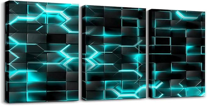 Feelyou TealBlue and Black Picture Wall Decor 12"x16" 3 Piece Honeycomb Canvas Wall Art Decor Hexagon Theme Office Decorations Artwork Posters Geometrical Beehive Painting