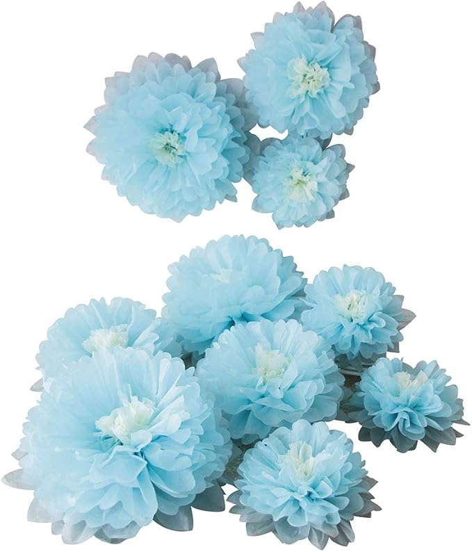 Mybbshower 9pcs Mixed 7'' 9'' 11'' Blue Tissue Paper Pom Poms Flower for It's A Boy Baby Shower Birthday Nursery Room Decorations