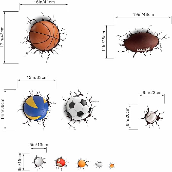 Basketball Football Through The Wall Sports Wall Decals - Kids Baby Boys Wall Stickers - Nursery Playroom Classroom Daycare Game Room Bedroom Home Wall Decor, Large