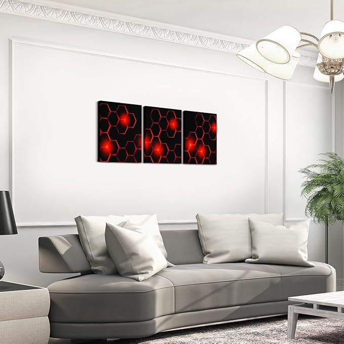Feelyou Kids Honeycomb Canvas Wall Art 3 Piece 12" x 16" Ice Sports Games Picture Wall Decor Geometrical Office Wall Decorations Artwork Posters Beehive Geometric Black Red Wall Painting