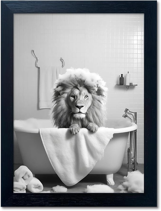 Framed Black and White Lion Wall Art Bathroom Pictures Wall Decor Funny Bathroom Wall Art Animal Canvas Print Artwork