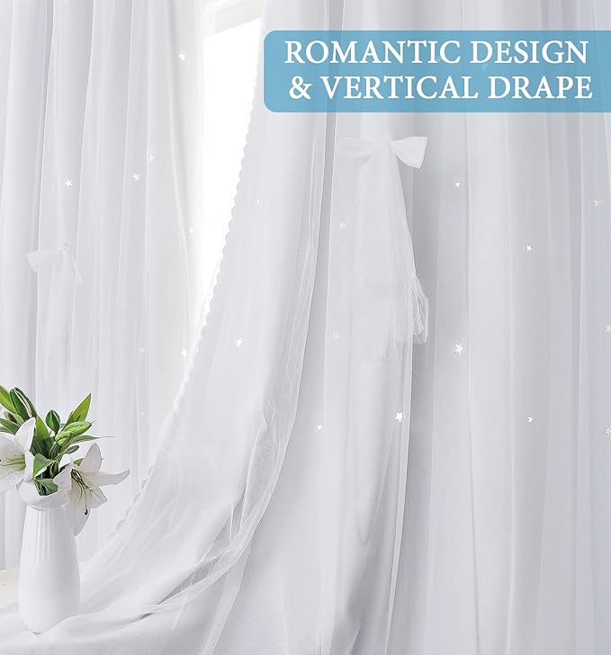 UNISTAR 2 Panels Stars Blackout for Bedroom Living Room Girls Kids Baby Room, Double Layer Star Cut Out Window Curtain, W52 x L84 Inch Length, Greyish White