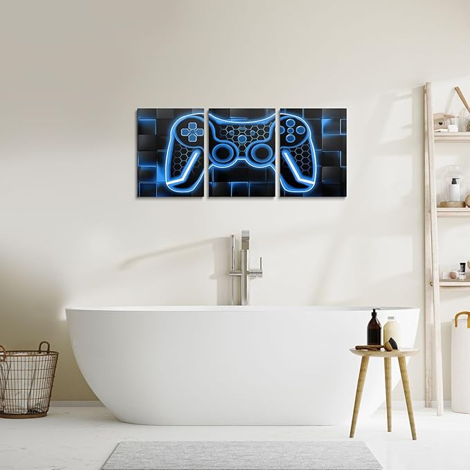 Feelyou Gamer Canvas Wall Art Gaming Bathroom Wall Art for Home Decor 12"x16" 3 Piece for Teens Bedroom Decor Lighting Honeycomb Office Wall Artwork Posters Blue and Black Geometric Wall Painting