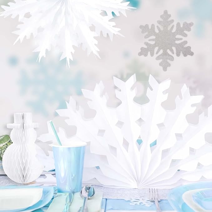 PAPER JAZZ 13 PCS Christmas Snowflake Decorations,White Paper Snowflake Hanging Ornaments,Christmas Honeycomb Decorations with Paper Fan/Garland/Snowman for Ceiling/Wall,Winter Wonderland,Winter Decor
