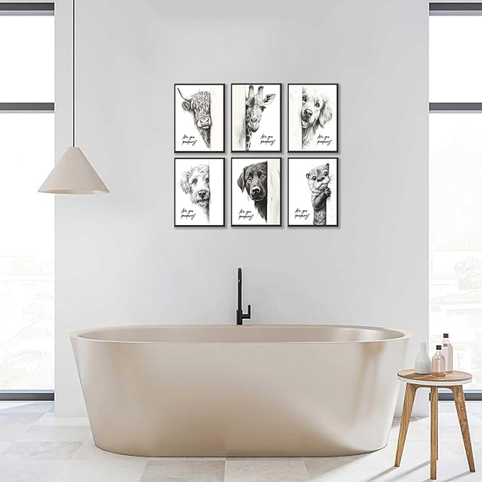Funny Bathroom Wall Art Black and White Bathroom Posters Decor Rustic Donkey and Cow Pictures Wall Decor Funny Animal Peeking Canvas Art Prints for Toilet/Bedroom Unframed 8x10 inches x 6 pieces