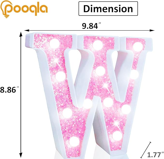 Pooqla LED Marquee Letter Lights, Light Up Letters Glitter Letter Sign Girls Gift, Battery Powered Night Light Pink Birthday Party Room Wedding Christmas Girls Bedroom Dorm Decoration, Cool White W