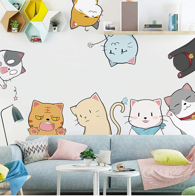 Cat Wall Stickers Decals, Cat Wall Decor Window Clings for Classroom, Cute Kitty Stickers Decor for Bedroom Anime Animals Peel and Stick Wall Decal for Kids Room
