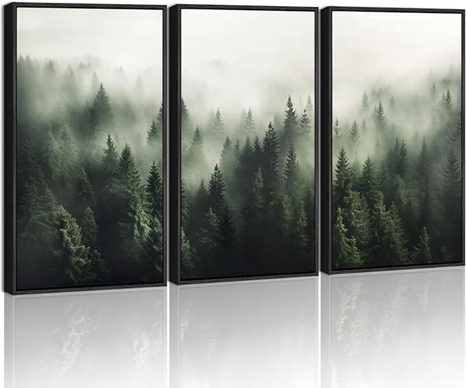 SHENIFY Green Fog Pine Tree Forest Canvas Wall Art 11x14in Framed Nature Modern Artwork Prints Decor - Black Framed