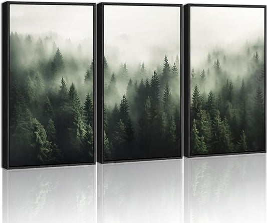 SHENIFY Green Fog Pine Tree Forest Canvas Wall Art 11x14in Framed Nature Modern Artwork Prints Decor - Black Framed