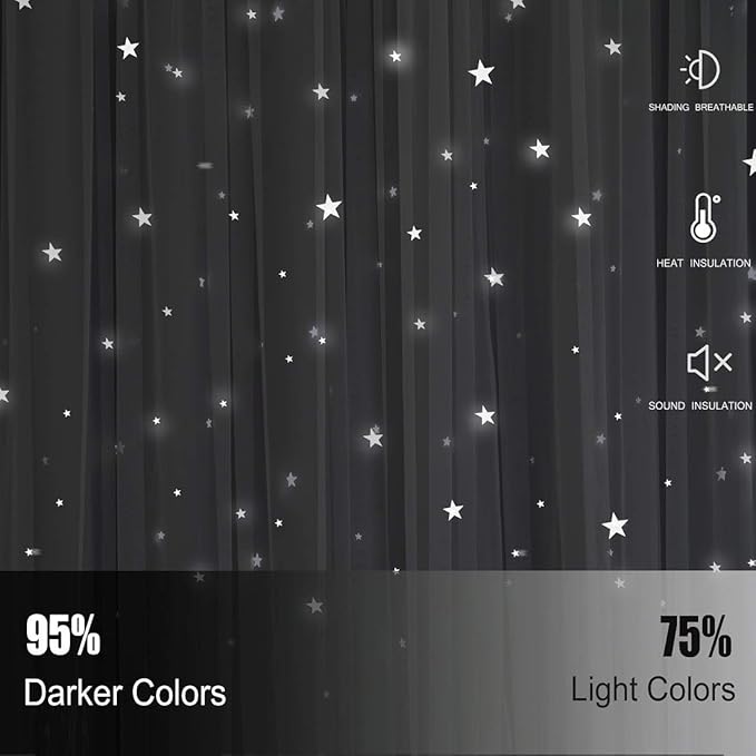 UNISTAR 2 Panels Stars Blackout Curtains for Bedroom Girls Kids Baby Window Curtain Double Layer Star Cut Out Aesthetic Living Room Decor Wall Home Decorations Curtain,W52 x L84 Inches,Grey