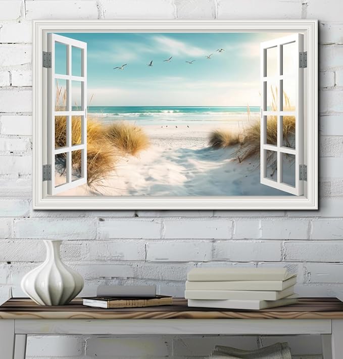 Canvas Wall Art - Large Ocean Prints for Living Room & Bedroom - White Window Style Beach Path Painting Coastal Seascape Artwork - Landscape for Home Office Decorations (32"*48")