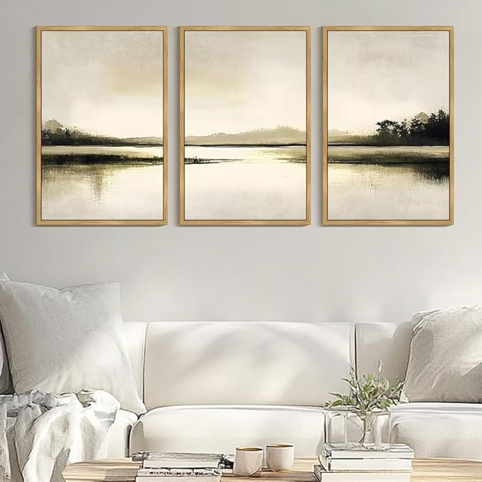 Drsoum Vintage Black Gray Abstract Laker Landscape Wall Art Framed Brown Tan Neutral Prints Minimalist Modern Rustic Artwork Bedroom Living Room Ready to Hang 24x36in Natural Framed