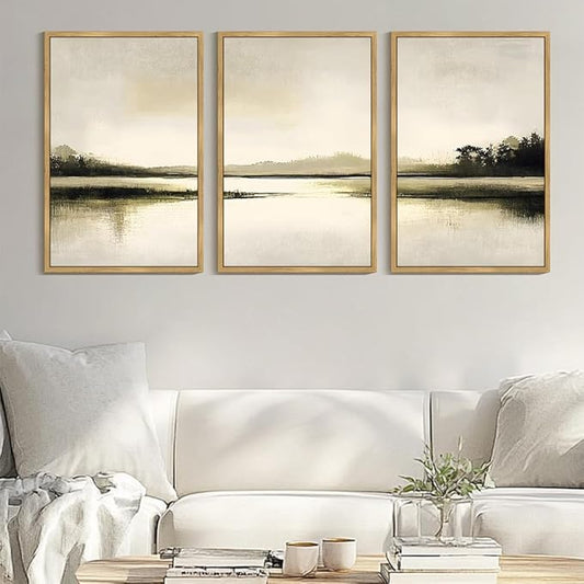 Drsoum Vintage Black Gray Abstract Laker Landscape Wall Art Framed Brown Tan Neutral Prints Minimalist Modern Rustic Artwork Bedroom Living Room Ready to Hang 24x36in Natural Framed