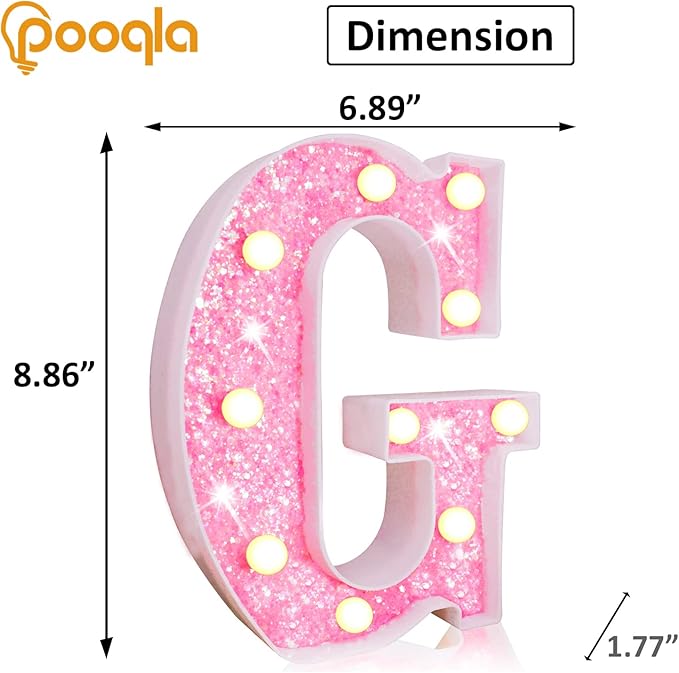 Pooqla LED Marquee Letter Lights, Light Up Pink Letters Glitter Alphabet Letter Sign Battery Powered for Night Light Birthday Party Wedding Girls Gifts Home Bar Christmas Decoration, Pink G