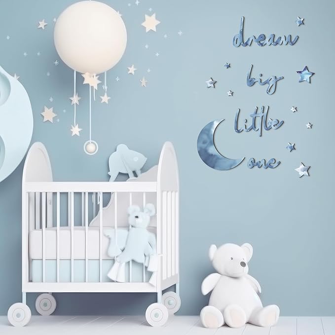 15 Pcs Moon and Stars Nursery Decor Dream Big Little One Wall Decor Boho Neutral Babyroom Wall Art Nursery Sign for Boys Girls Bedroom Home Farmhouse Living Playroom (Blue)