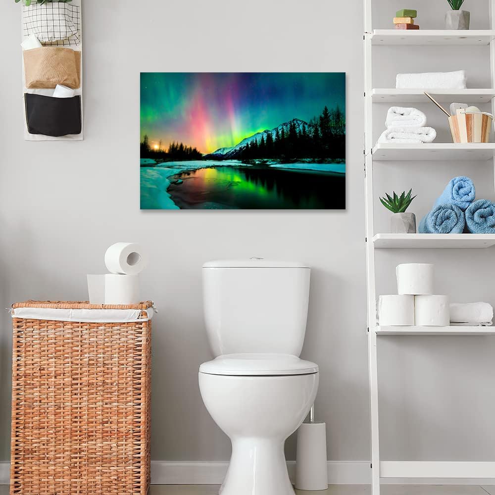 Aurora Borealis Canvas Wall Art Northern Lights Canvas Print Painting for Living Room Snowy-Mountains-Landscape Poster Picture Wooden Framed Prints Ready to Hang(16.00"x24.00")