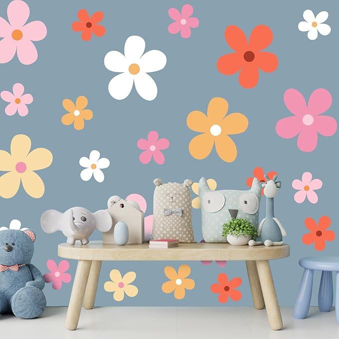 TaoBary 12 Sheet Daisy Wall Sticker Decal Removable Cute Daisy Bedroom Room Decor Flower Wall Sticker Pink White Flower Decal Wallpaper Peel and Stick for Nursery Home(Bright Color,Elegant Style)