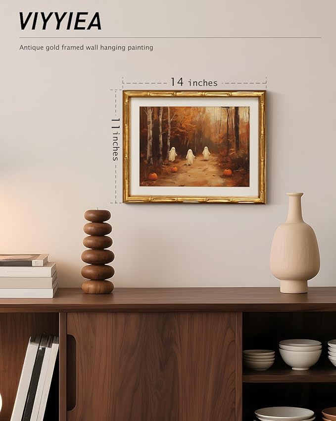 VIYYIEA Bamboo Detail Design Gold Framed Halloween Wall Art for Living Room, Three Ghost Wall Art, Halloween Home Decor Aesthetic Bathroom Bedroom, Office, Framed Ghost Artwork 11 x 14 Inch