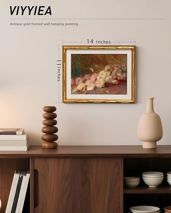 VIYYIEA Bamboo Detail Design Gold Framed Wall Art, Vintage Gold Framed Flower Wall Art Decor, Chrysanthemum Flower Canvas Prints for Living Room, 11 x 14 Inch